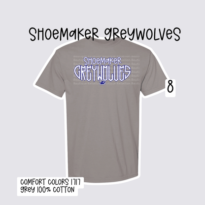 Design 8 Shoemaker High School Grey Wolves Adult Tee, Long Sleeve Tee or Sweatshirt