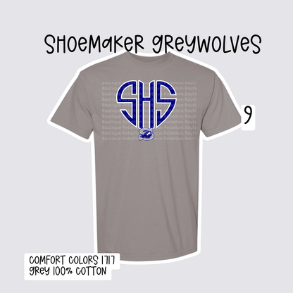 Design 9 Shoemaker High School Grey Wolves Adult Tee, Long Sleeve Tee or Sweatshirt