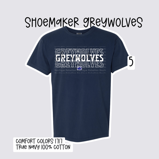 Design 5 Shoemaker High School Grey Wolves Adult Tee, Long Sleeve Tee or Sweatshirt