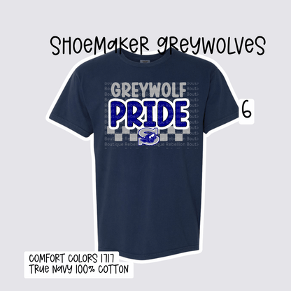 Design 6 Shoemaker High School Grey Wolves Adult Tee, Long Sleeve Tee or Sweatshirt