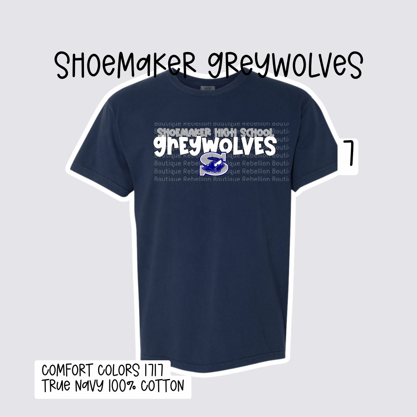 Design 7 Shoemaker High School Grey Wolves Adult Tee, Long Sleeve Tee or Sweatshirt