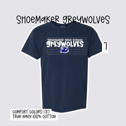 Design 7 Shoemaker High School Grey Wolves Adult Tee, Long Sleeve Tee or Sweatshirt