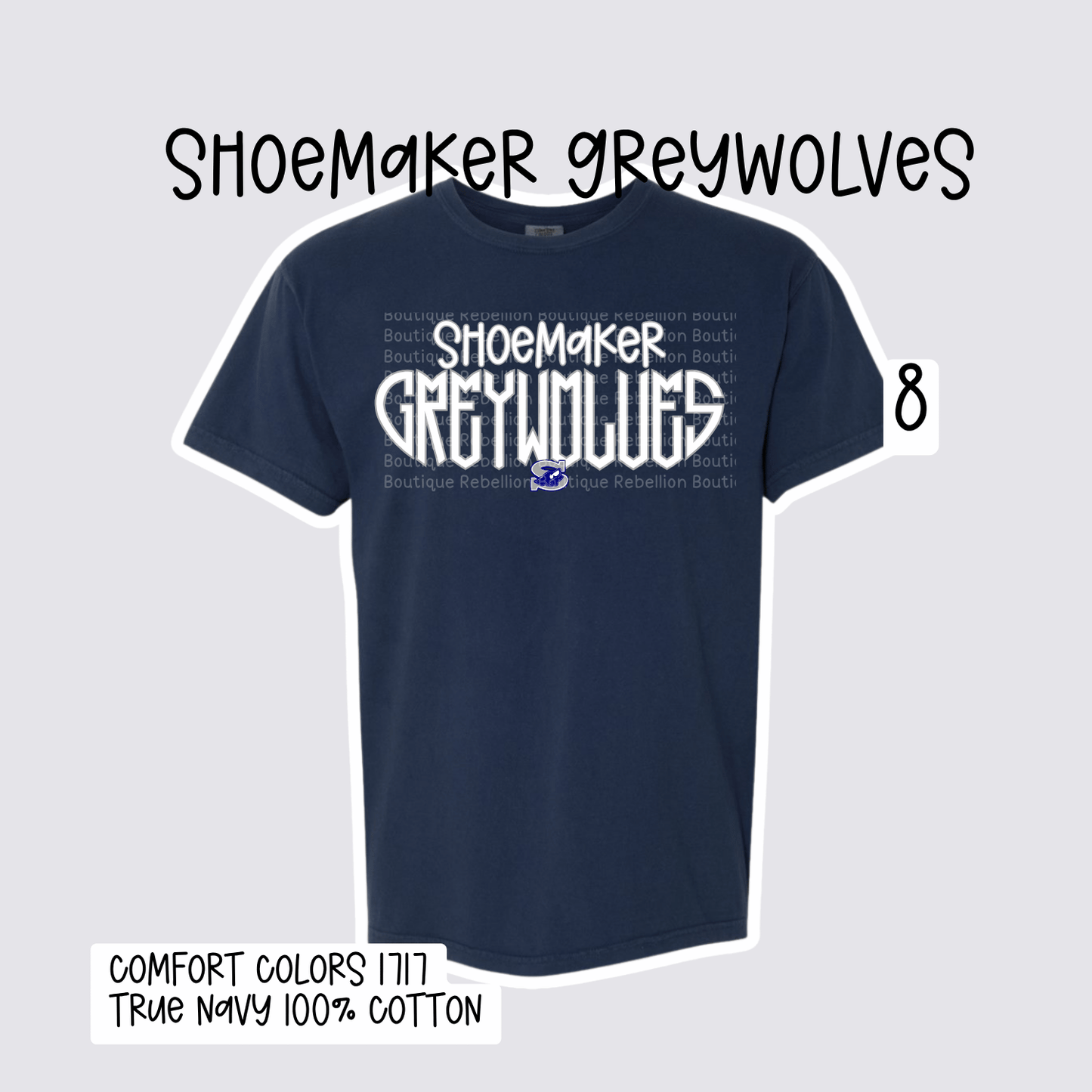 Design 8 Shoemaker High School Grey Wolves Adult Tee, Long Sleeve Tee or Sweatshirt