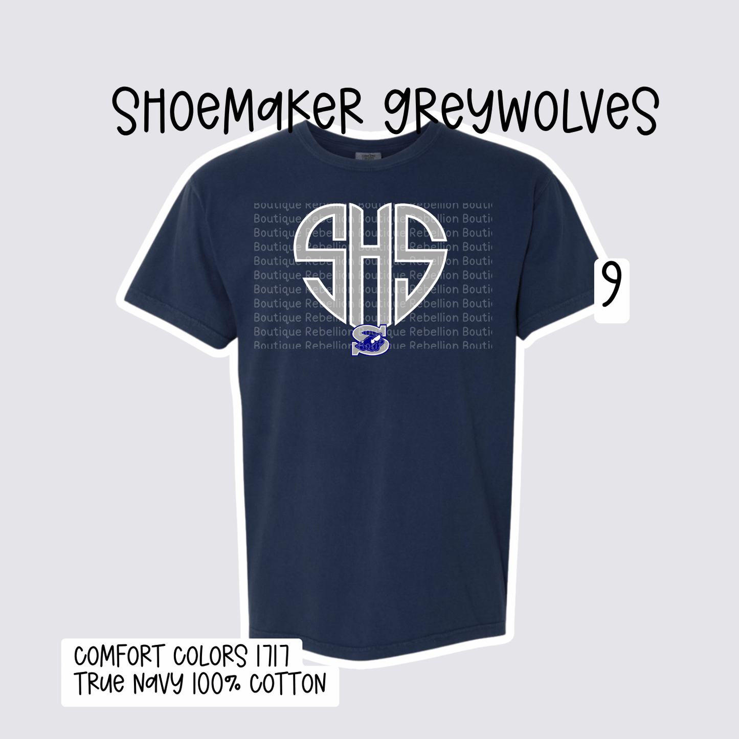 Design 9 Shoemaker High School Grey Wolves Adult Tee, Long Sleeve Tee or Sweatshirt