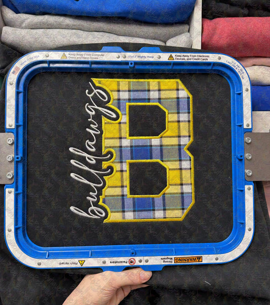 Bulldawgs Script Embroidered B Plaid Appliqué Crewneck Sweatshirt