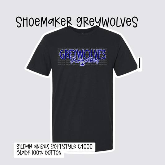 Design 1 Shoemaker High School Grey Wolves Adult Tee, Long Sleeve Tee or Sweatshirt