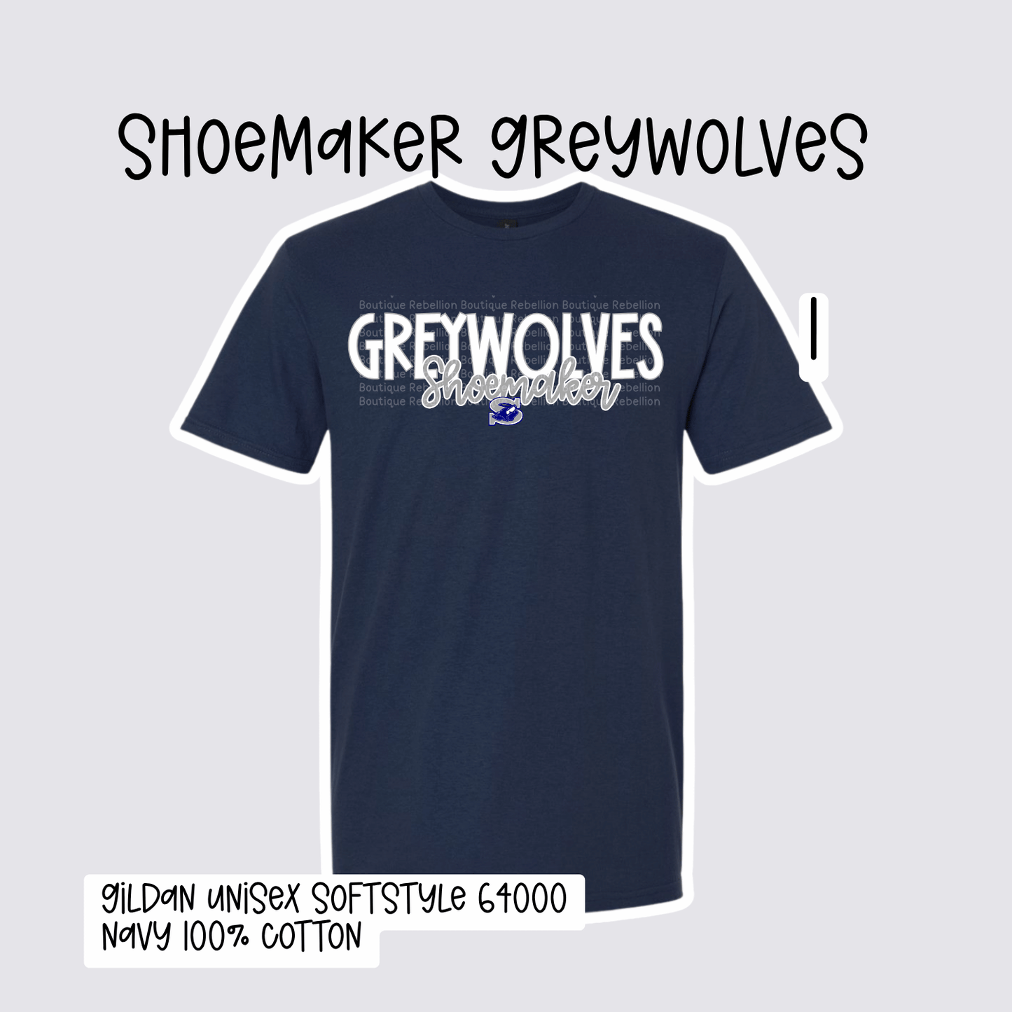Design 1 Shoemaker High School Grey Wolves Adult Tee, Long Sleeve Tee or Sweatshirt