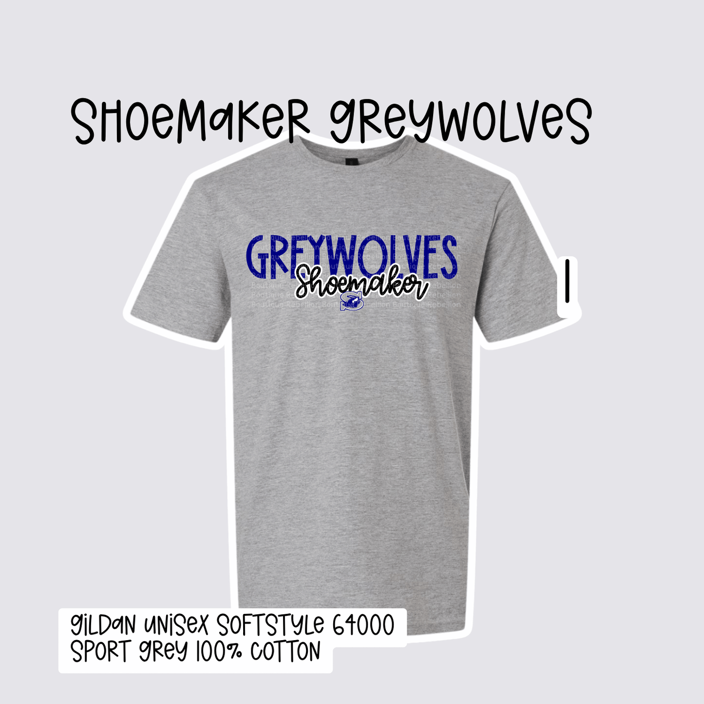 Design 1 Shoemaker High School Grey Wolves Adult Tee, Long Sleeve Tee or Sweatshirt
