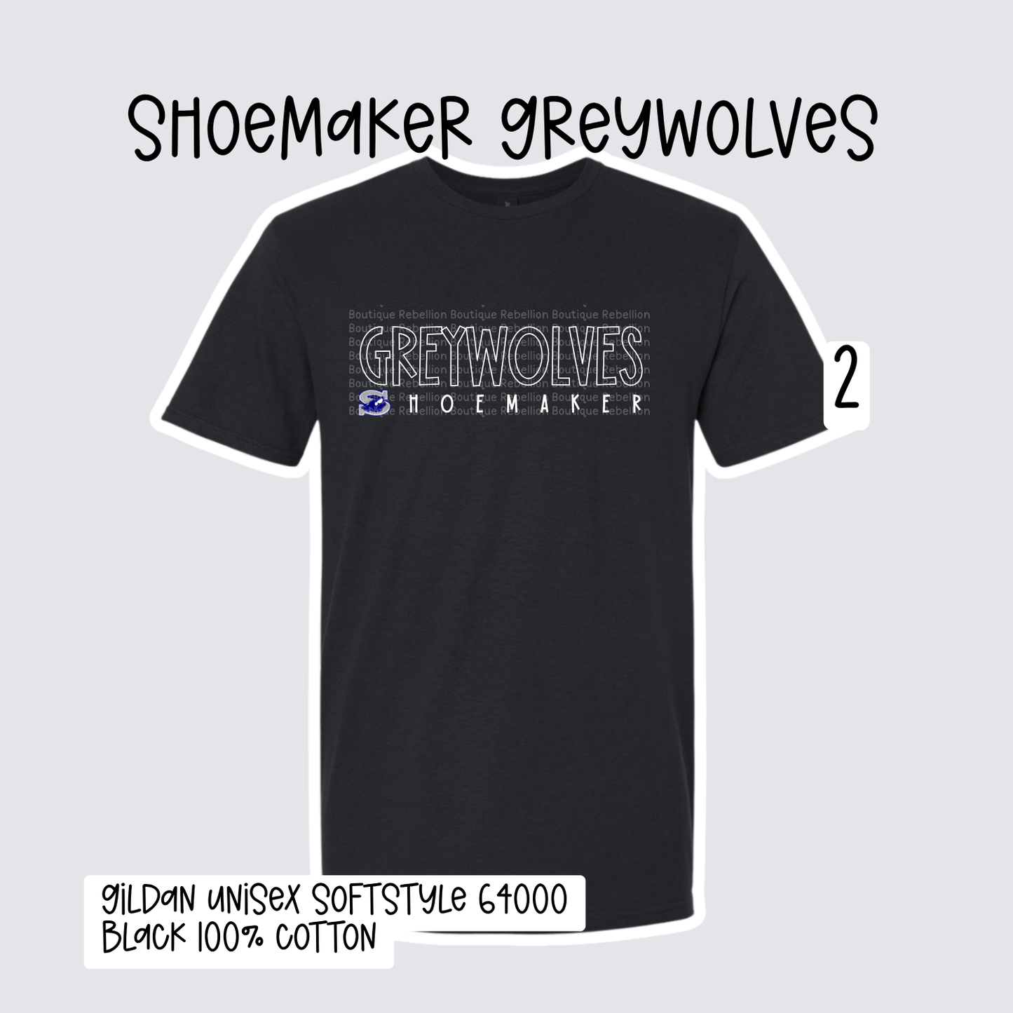 Design 2 Shoemaker High School Grey Wolves Adult Tee, Long Sleeve Tee or Sweatshirt