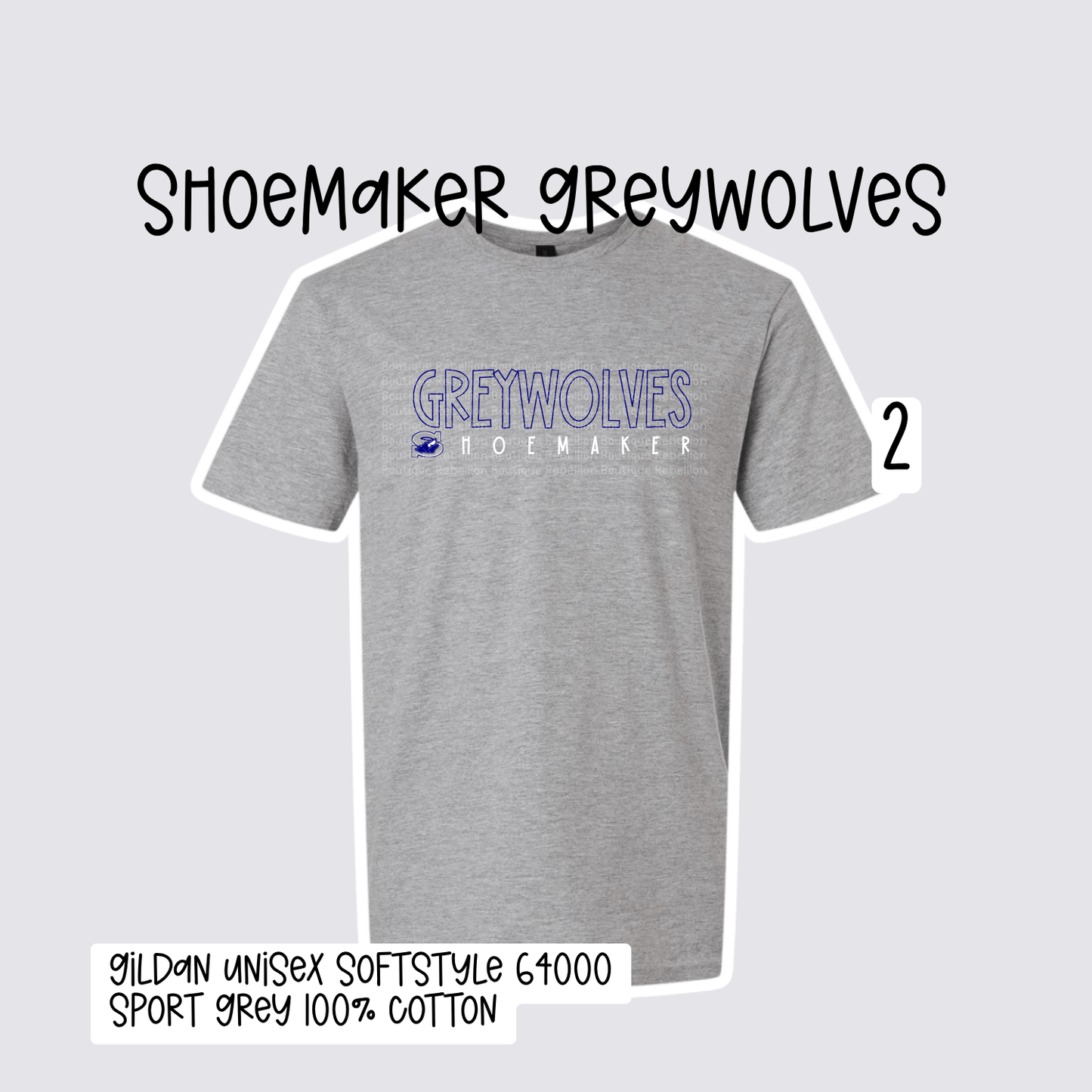 Design 2 Shoemaker High School Grey Wolves Adult Tee, Long Sleeve Tee or Sweatshirt