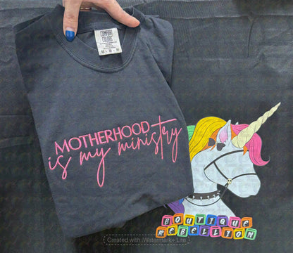 Motherhood is My Ministry Embroidered Comfort Colors Tee