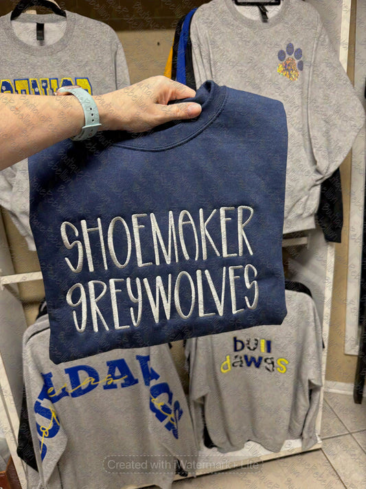 Shoemaker Greywolves Text Embroidered Adult Crewneck Sweatshirt or Comfort Colors Tee