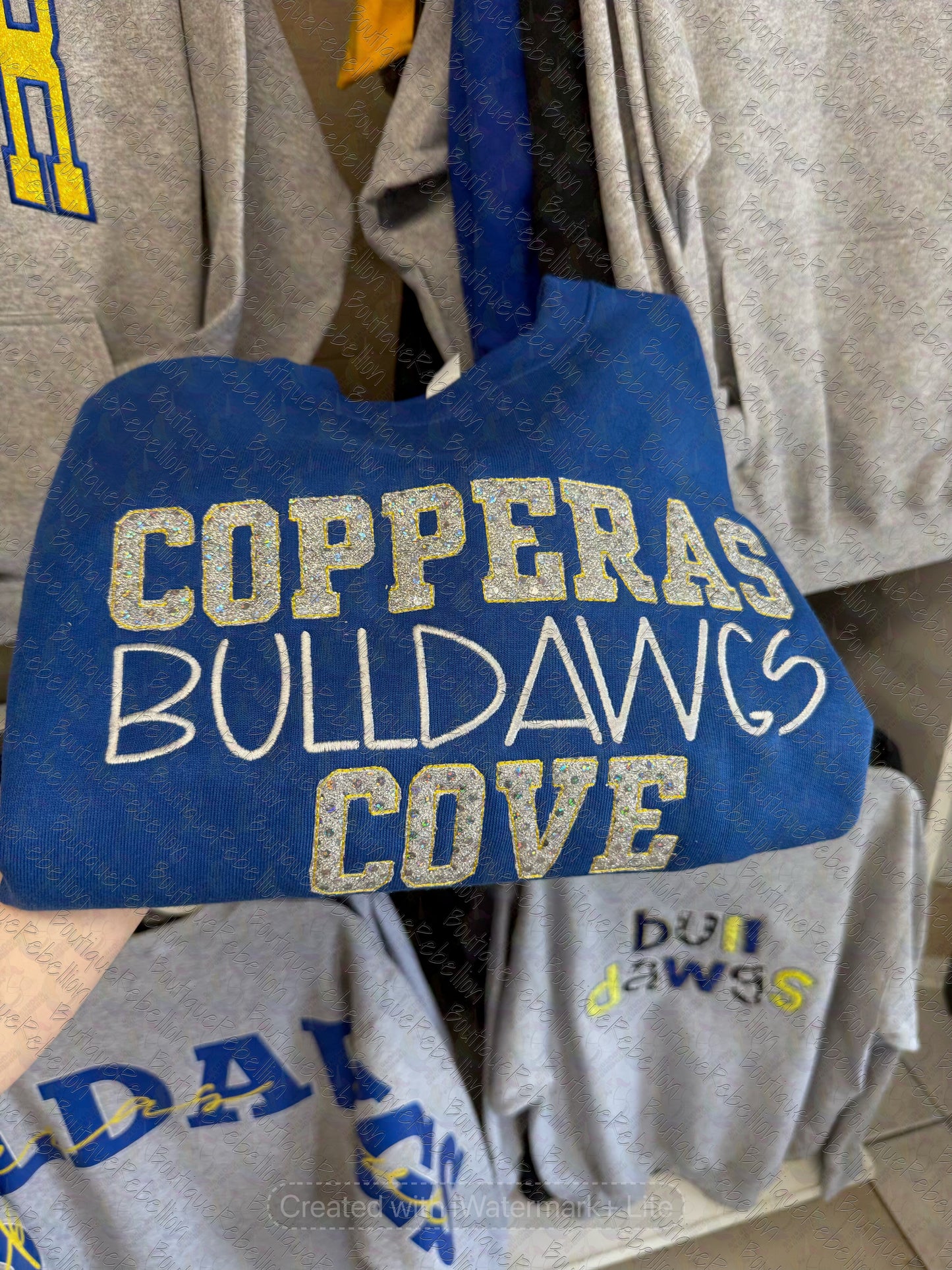 Copperas Cove Bulldawgs Text Bling Embroidered Appliqué Adult Crewneck Sweatshirt