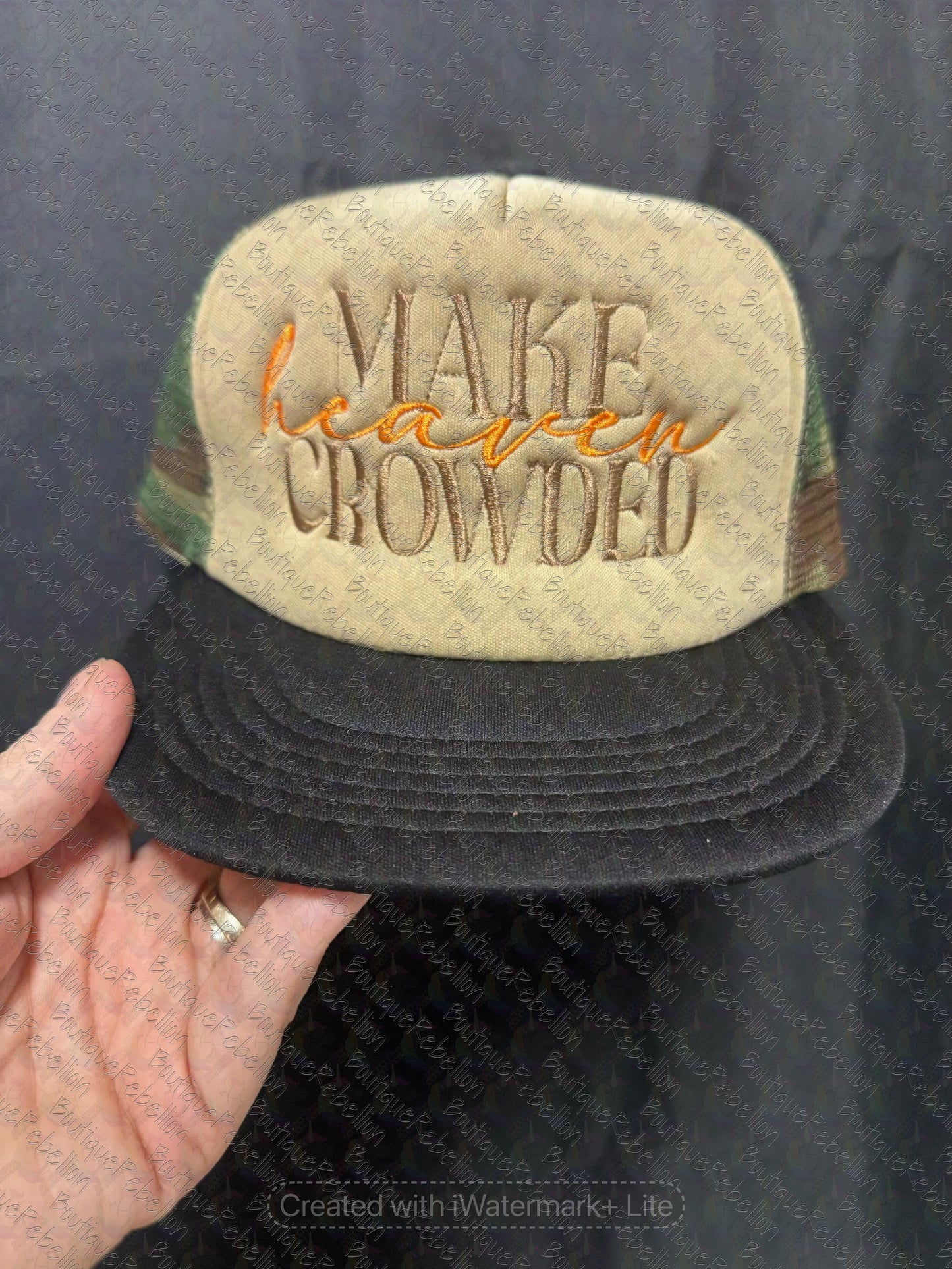 Make Heaven Crowded Embroidered Camo Foam Trucker Hat