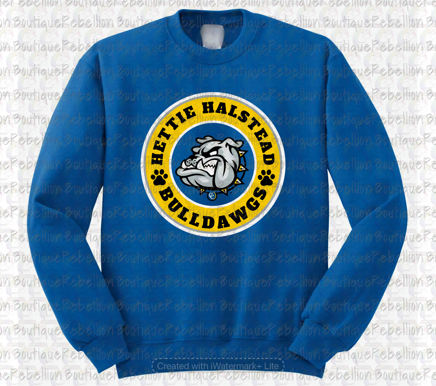Hettie Halstead Elementary Bulldawgs Logo Royal Crewneck Sweatshirt, Long Sleeve or Short Sleeve Adult Tee or Youth Tee