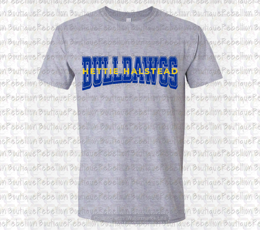 Hettie Halstead Elementary Bulldawgs Text Crewneck Sweatshirt, Long Sleeve or Short Sleeve Adult Tee or Youth Tee