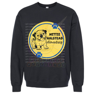 Hettie Halstead Elementary Bulldawgs Round Blue & Yellow Crewneck Sweatshirt, Long or Short Sleeve Adult Tee