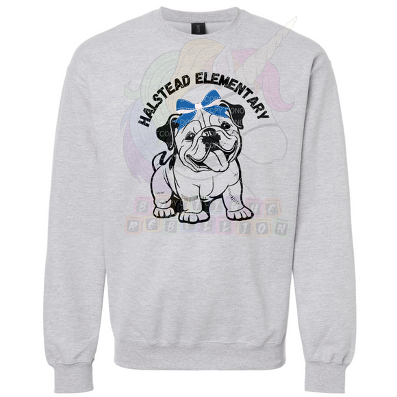 Hettie Halstead Elementary Bulldawg with Bow Crewneck Sweatshirt, Long Sleeve or Short Sleeve Adult Tee