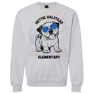 Hettie Halstead Elementary Bulldawgs Dog with Blue Glasses Crewneck Sweatshirt, Long or Short Sleeve Adult Tee