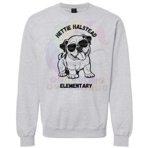 Hettie Halstead Elementary Bulldawgs Dog with Black Glasses Crewneck Sweatshirt, Long or Short Sleeve Adult Tee