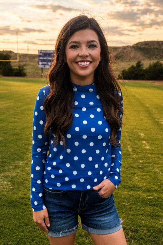 Kickoff Season Blue Mesh Polka Dot Top