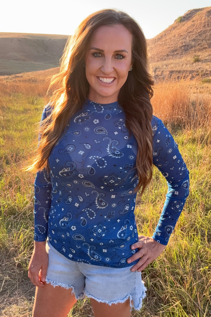 Blue Bandana Print Mesh Top