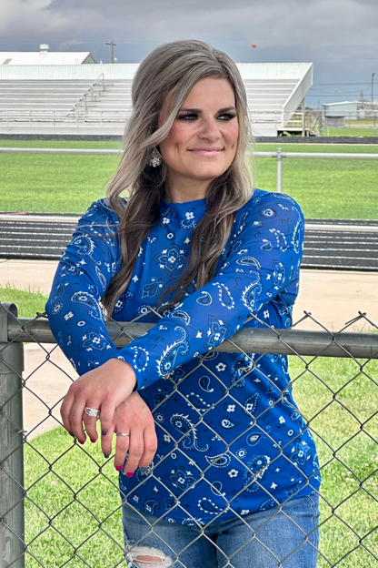 Blue Bandana Print Mesh Top