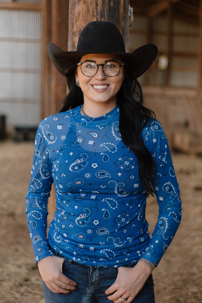 Blue Bandana Print Mesh Top