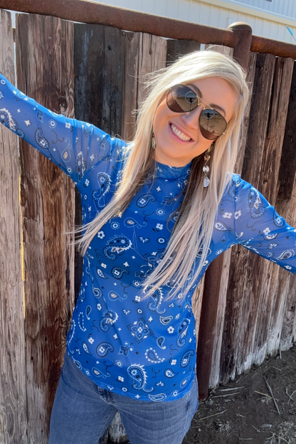 Blue Bandana Print Mesh Top
