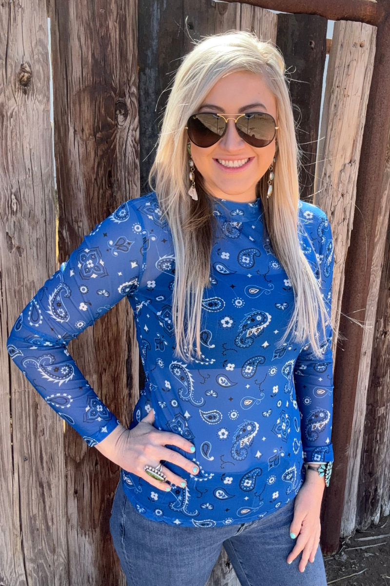Blue Bandana Print Mesh Top