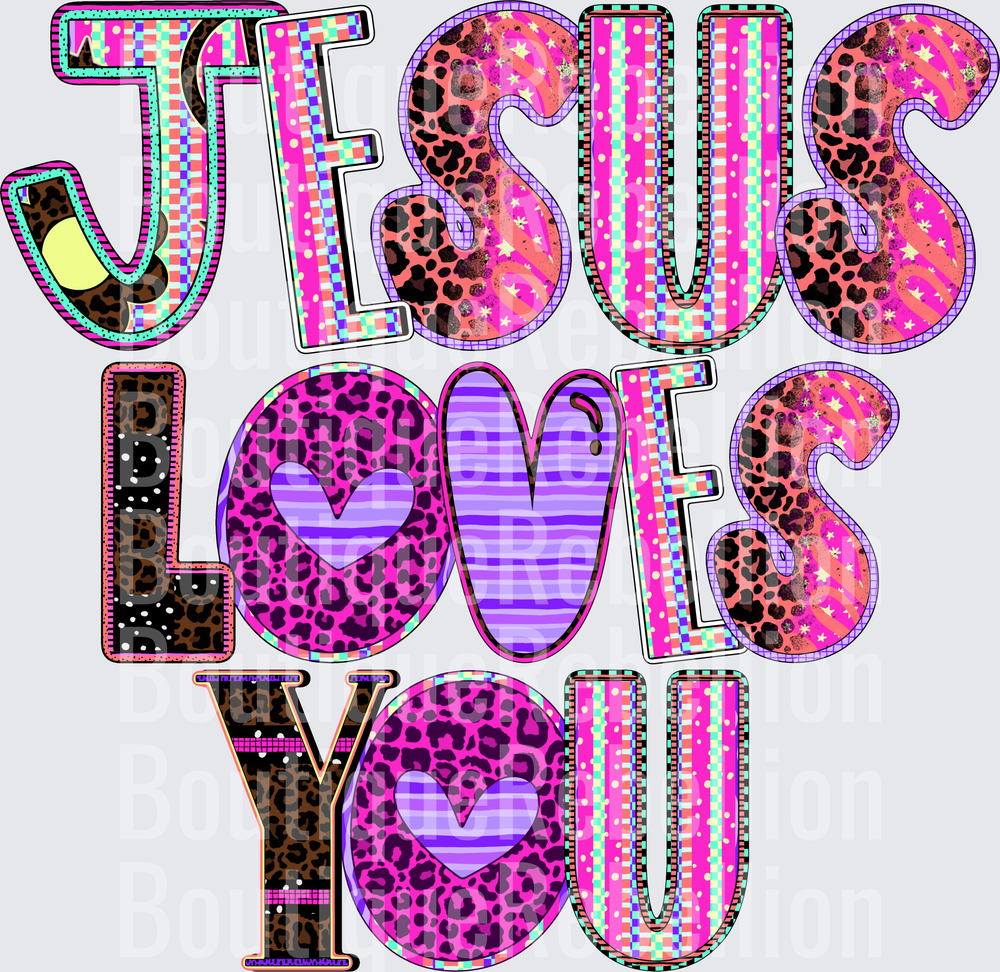 Jesus Loves You Leopard Print Hearts Single DTF Transfer