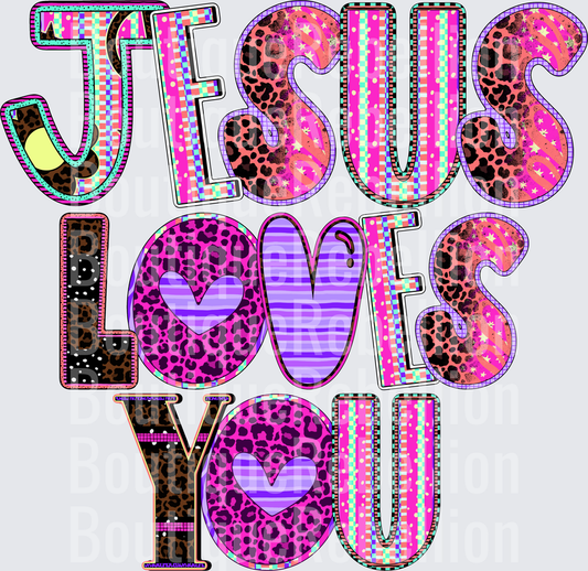 Jesus Loves You Leopard Print Hearts Single DTF Transfer