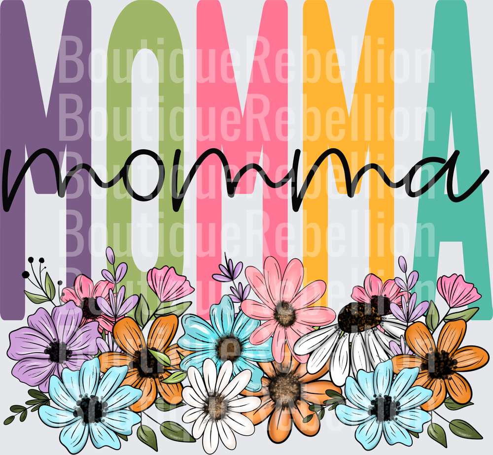 Colorful MOMMA Typography with Hand-Drawn Wildflower Border Single DTF Transfer