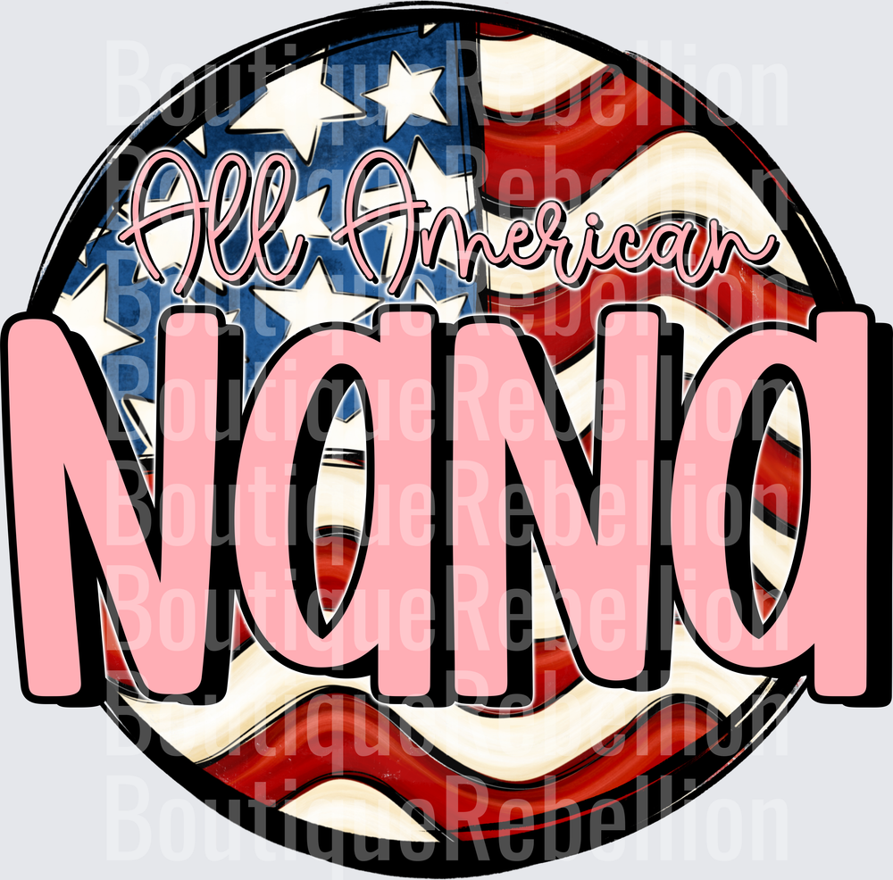 All American Nana with American Flag Background Single DTF Transfer