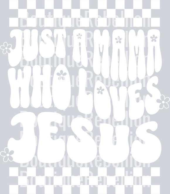 mama who loves Jesus checkered white text single DTF Transfer