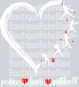 Peace Love Softball Heart White Single DTF Image