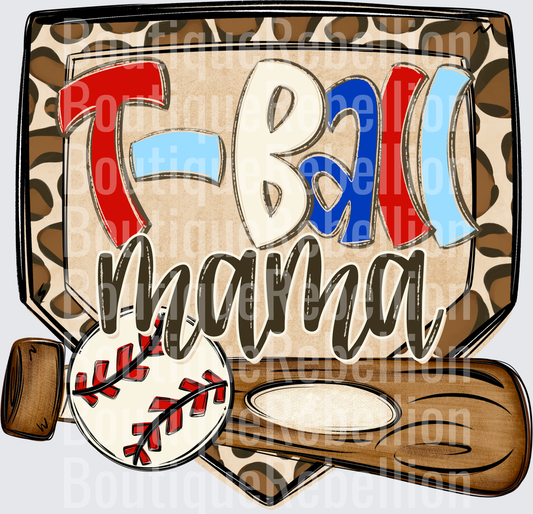 T-Ball Mama with Baseball Bat and Leopard Print Background Single DTF Transfer