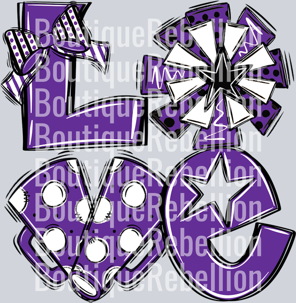 Love Cheer Purple Black White Single DTF Transfer