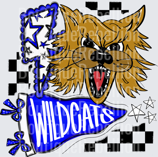 Fierce Wildcats Mascot with Blue Banner and Checkered Pattern Single DTF Transfer