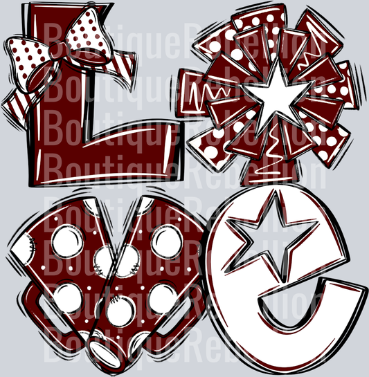 Love Cheer Maroon White Single DTF Transfer
