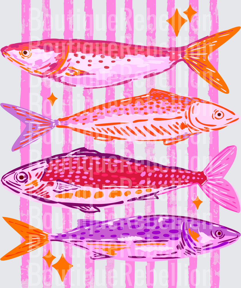 Colorful Trout Fish Stack on Pink Striped Background with Stars Single DTF Transfer