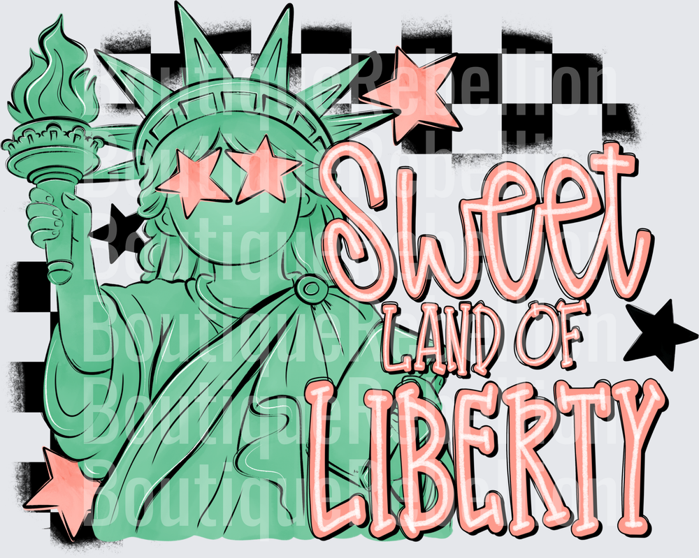 Sweet Land of Liberty Statue of Liberty with Stars and Checkered Pattern Single DTF Transfer