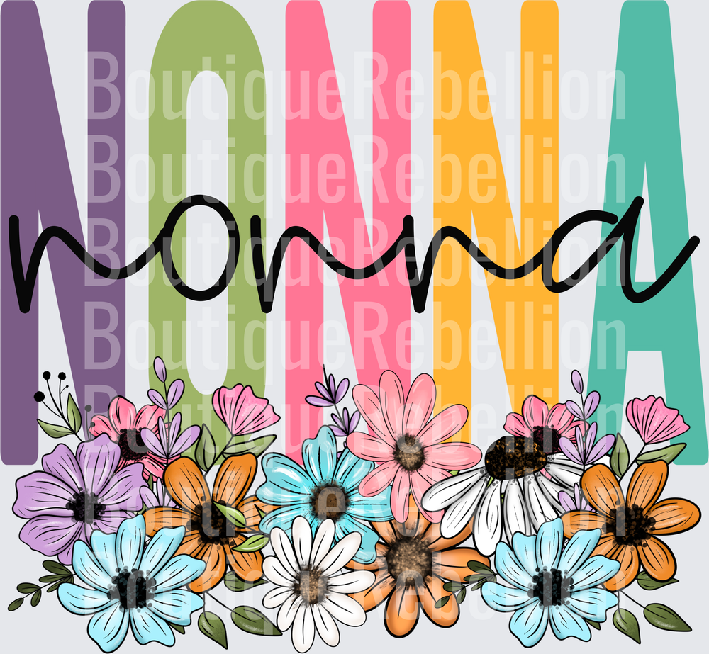 NONNA with Colorful Rainbow Letters and Wildflower Border Single DTF Transfer