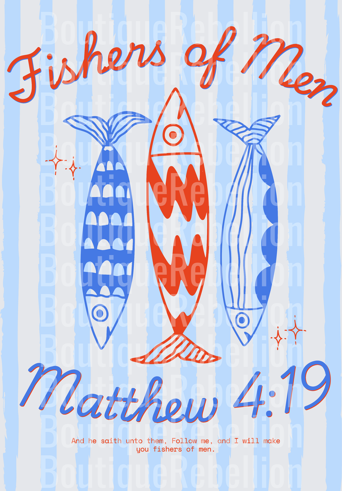 Fishers of Men Matthew 4:19 Bible Verse with Three Fish Design Single DTF Transfer