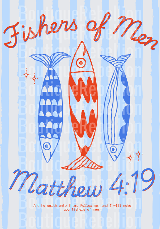 Fishers of Men Matthew 4:19 Bible Verse with Three Fish Design Single DTF Transfer