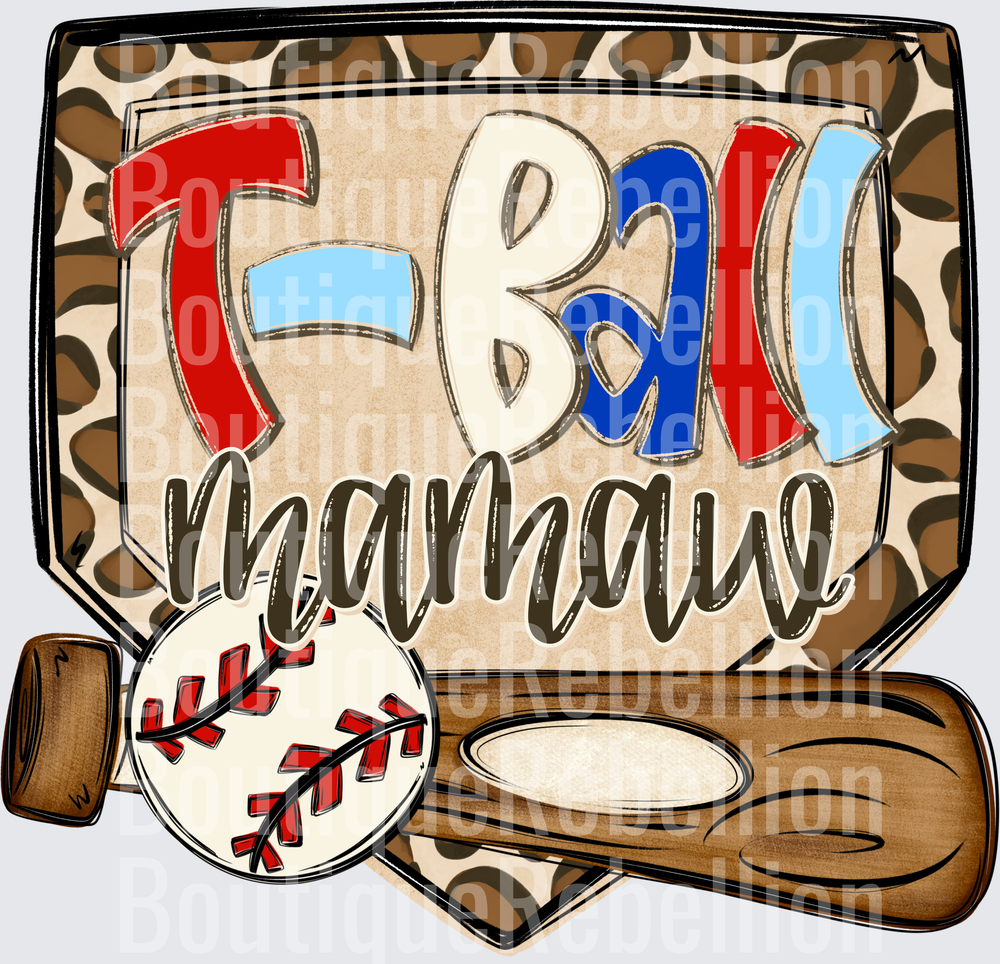 Baseball Mamaw with Leopard Print Background and Wooden Bat Single DTF Transfer