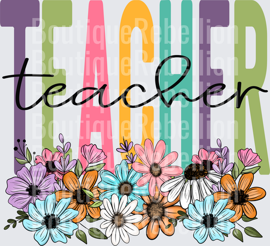 Teacher Typography with Colorful Wildflower Border Single DTF Transfer