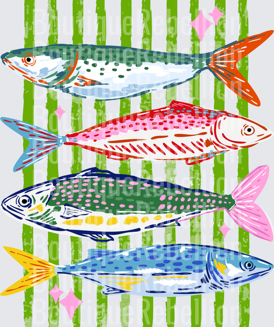 Four Colorful Trout Fish Swimming Through Green Reeds Single DTF Transfer