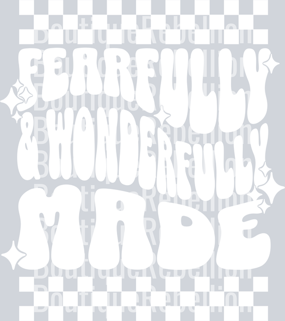 fearfully and wonderfully made white text checker single DTF Transfer