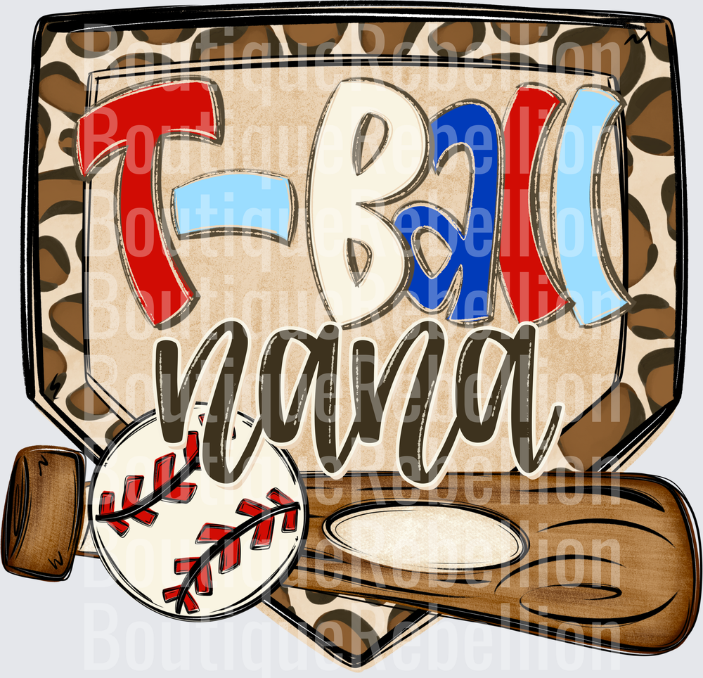 Ball Nana Baseball Wooden Bat Home Plate Leopard Print Single DTF Transfer